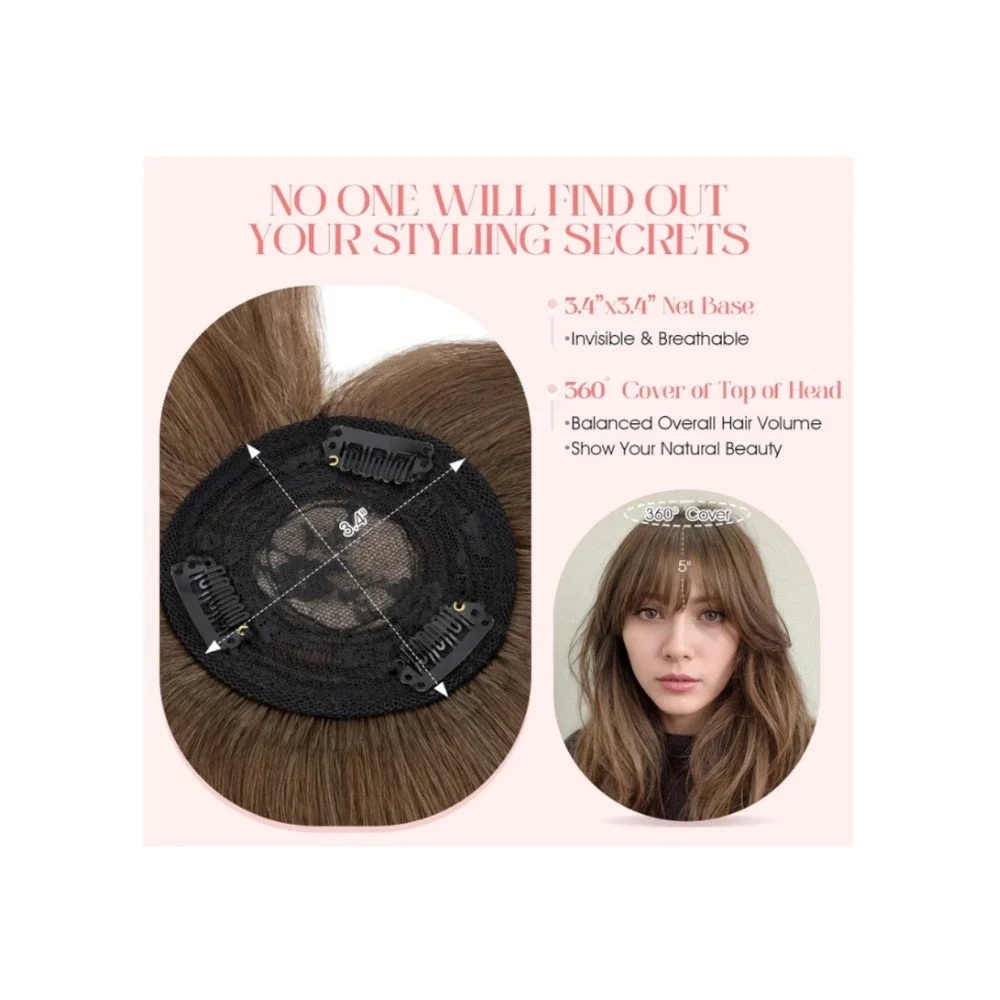 Mono Hair Topper with Bangs 100% Real Human Hair‎ 10 Inch Brown 150% Density